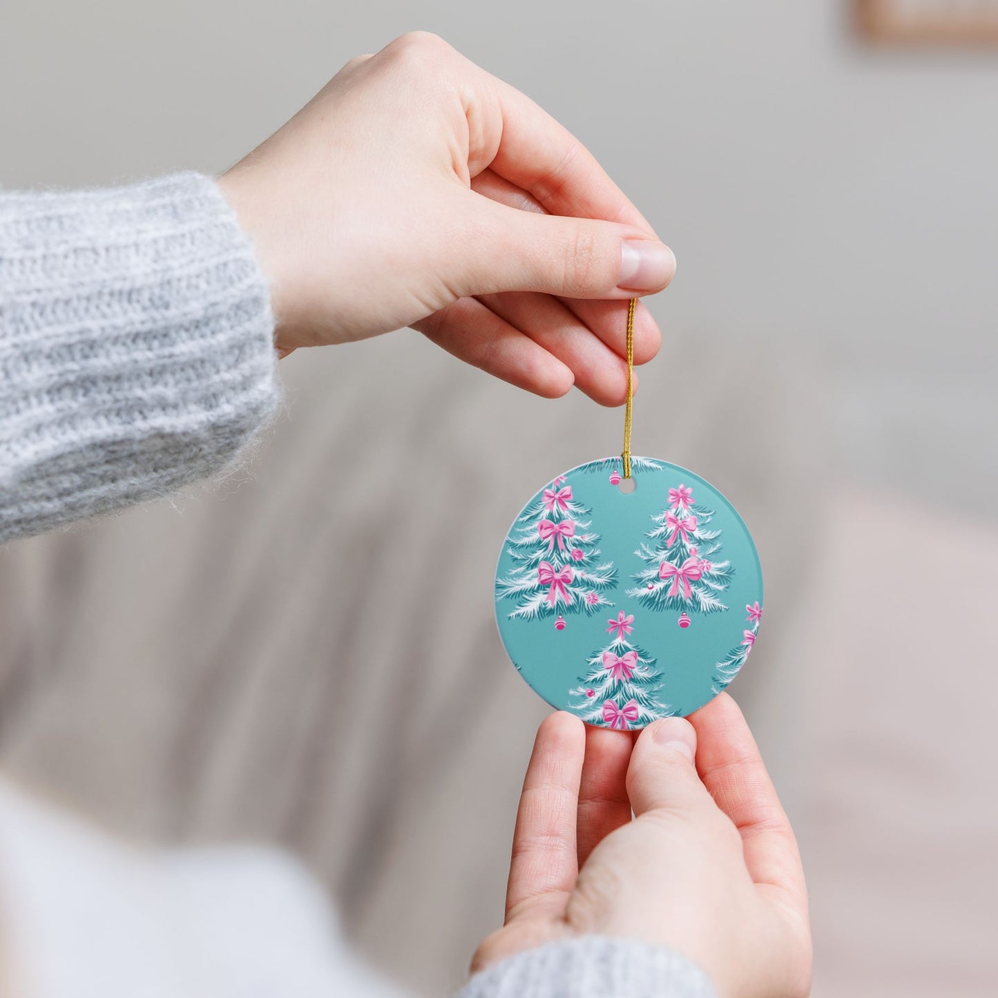 Christmas Tree Ceramic Ornament, Holiday Decoration, Festive Gift, Tree Decoration, Pink Bow Ornament, Seasonal Decor