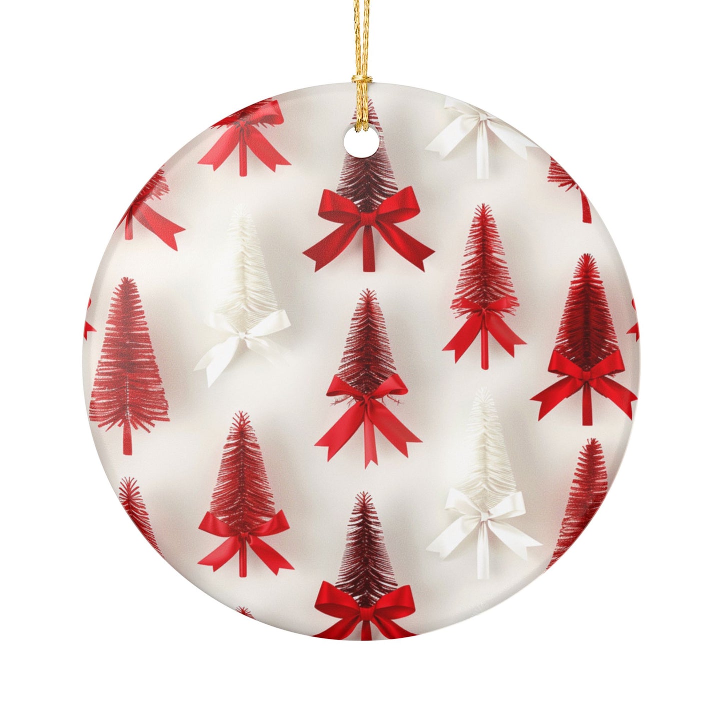 Festive Ceramic Ornament, Christmas Tree Decoration, Holiday Decor, Gift for Tree, Winter Ornaments, Red and White Bow Design