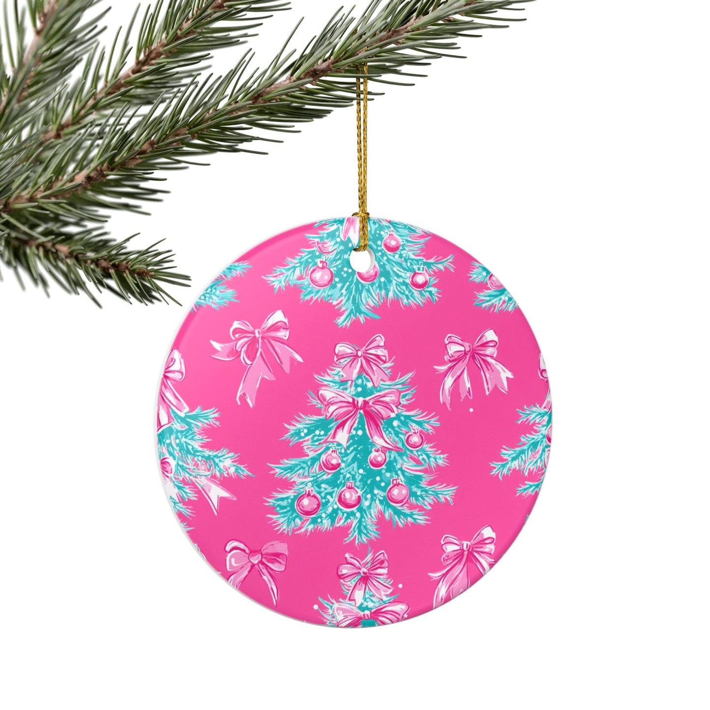 Festive Ceramic Ornament, Christmas Tree Decoration, Holiday Decor, Gift for Her, Pink Christmas Ornament