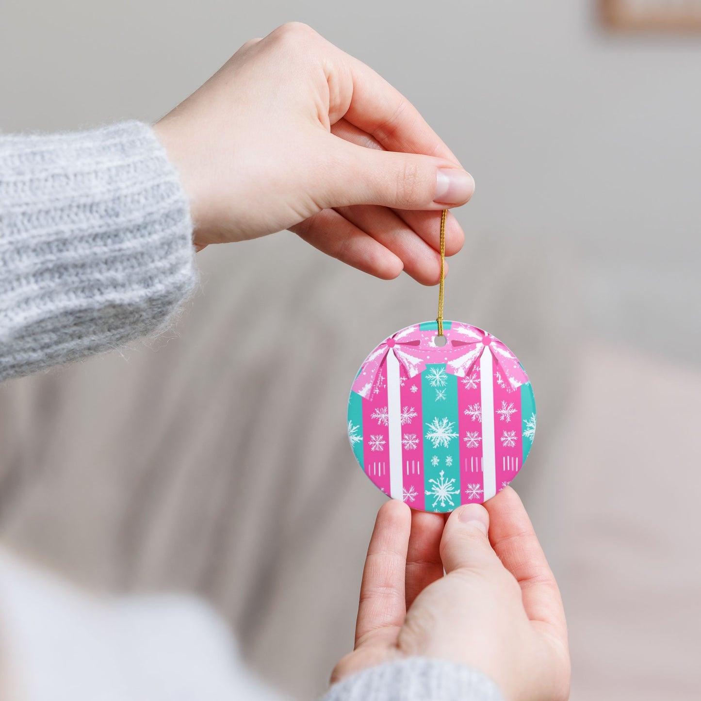 Festive Ceramic Ornament with Snowflakes and Bow, Holiday Decoration, Christmas Tree Ornament, Gift for Friends, Seasonal Decor