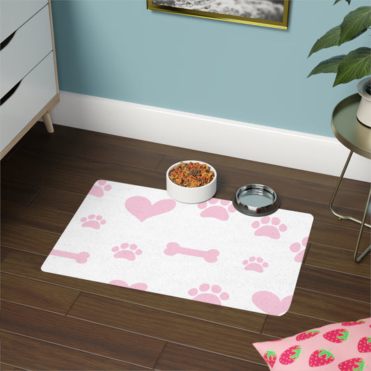 Cute Pet Food Mat with Pink Paw Prints | Dog & Cat Feeding Mat | Washable Pet Accessory | Pet Lovers Gift | 12x18 Inch