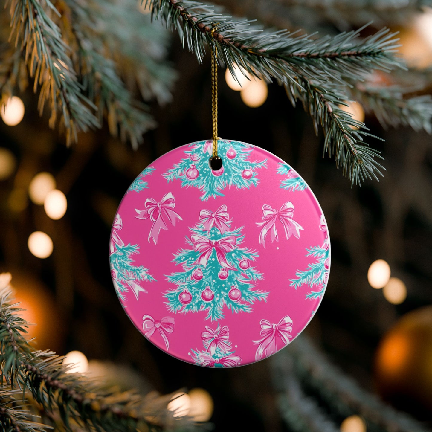 Festive Ceramic Ornament, Christmas Tree Decoration, Holiday Decor, Gift for Her, Pink Christmas Ornament
