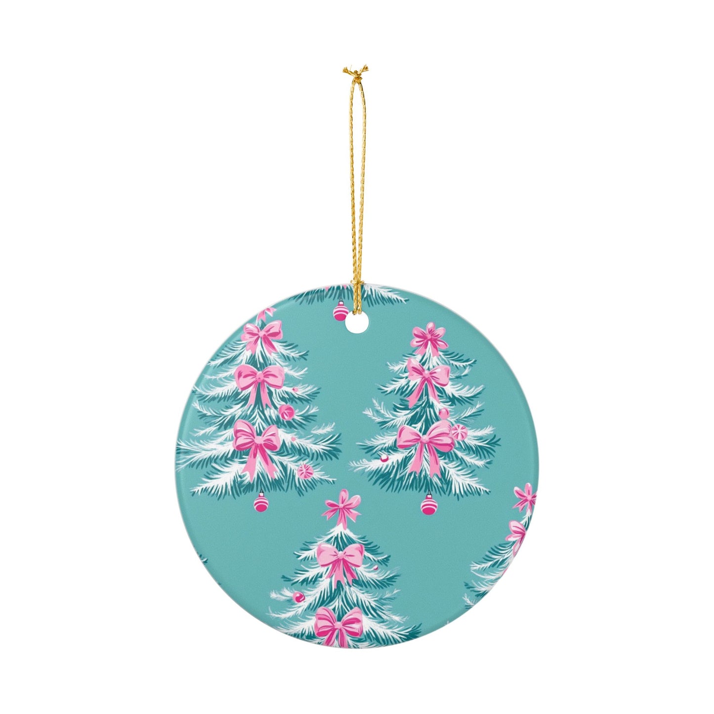 Christmas Tree Ceramic Ornament, Holiday Decoration, Festive Gift, Tree Decoration, Pink Bow Ornament, Seasonal Decor