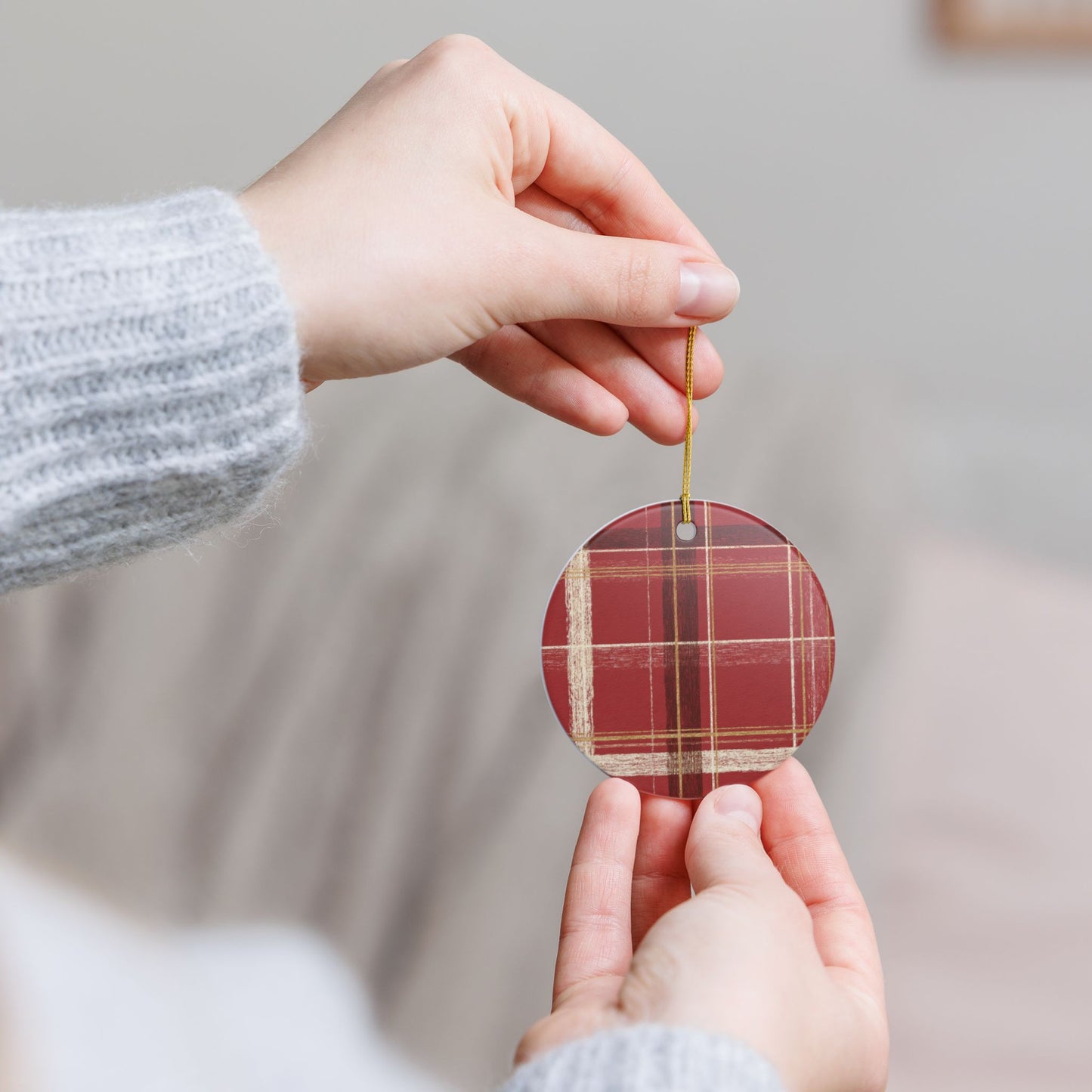 Plaid Ceramic Ornament, Holiday Decor, Christmas Decoration, Seasonal Home Accent, Gift for Friends, Rustic Charm