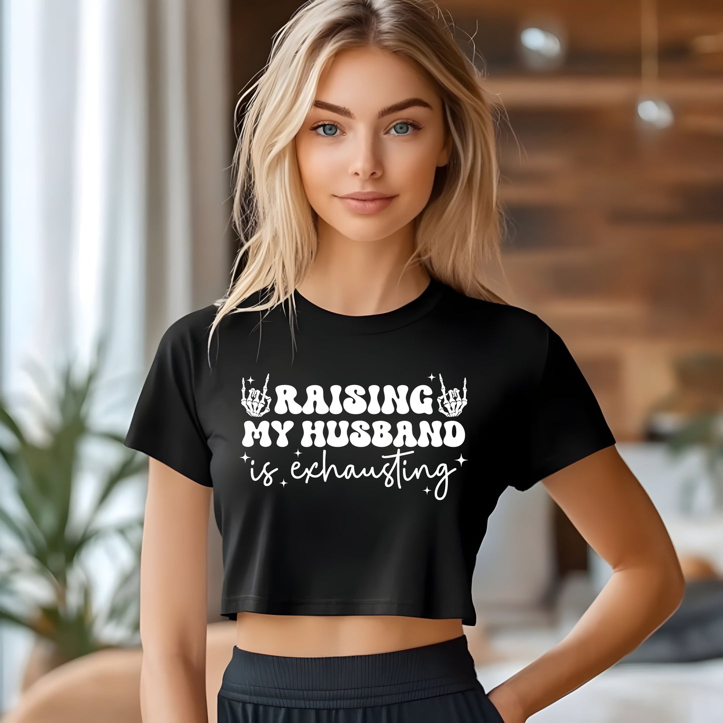 Festival Vibe Women's Crop Top - Raising My Husband is Exhausting, Boho Chic Shirt, Concert Apparel, Gift for Moms, Casual Summer Top