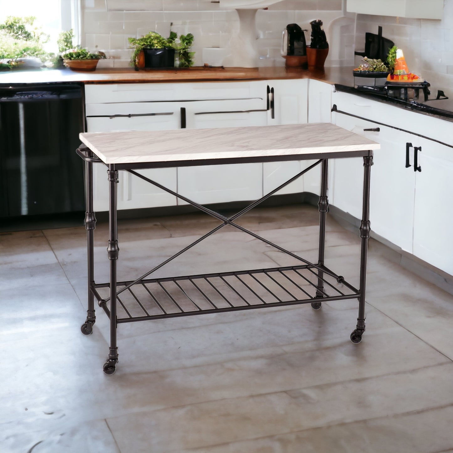 Black and White 49" Rolling Kitchen Island With Storage