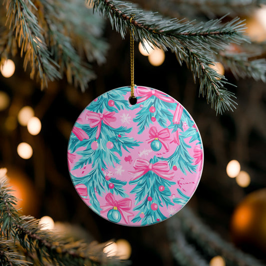 Festive Ceramic Ornament - Pink Holiday Decor, Christmas Decoration, Tree Ornament, Gift Tag, Home Decor