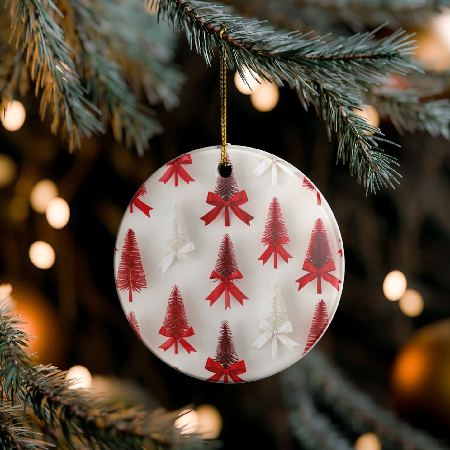 Festive Ceramic Ornament, Christmas Tree Decoration, Holiday Decor, Gift for Tree, Winter Ornaments, Red and White Bow Design