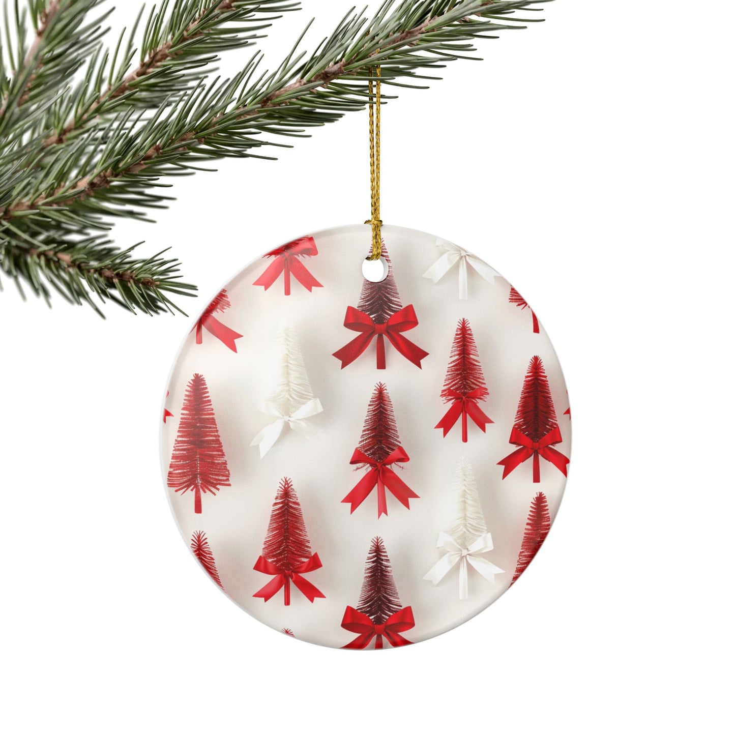 Festive Ceramic Ornament, Christmas Tree Decoration, Holiday Decor, Gift for Tree, Winter Ornaments, Red and White Bow Design