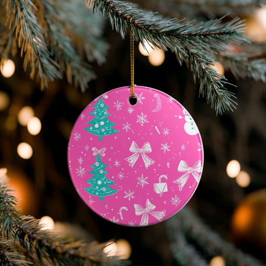Festive Ceramic Ornament, Christmas Tree Decoration, Holiday Decor, Gift Tag, Cheerful Pink Christmas Ornament