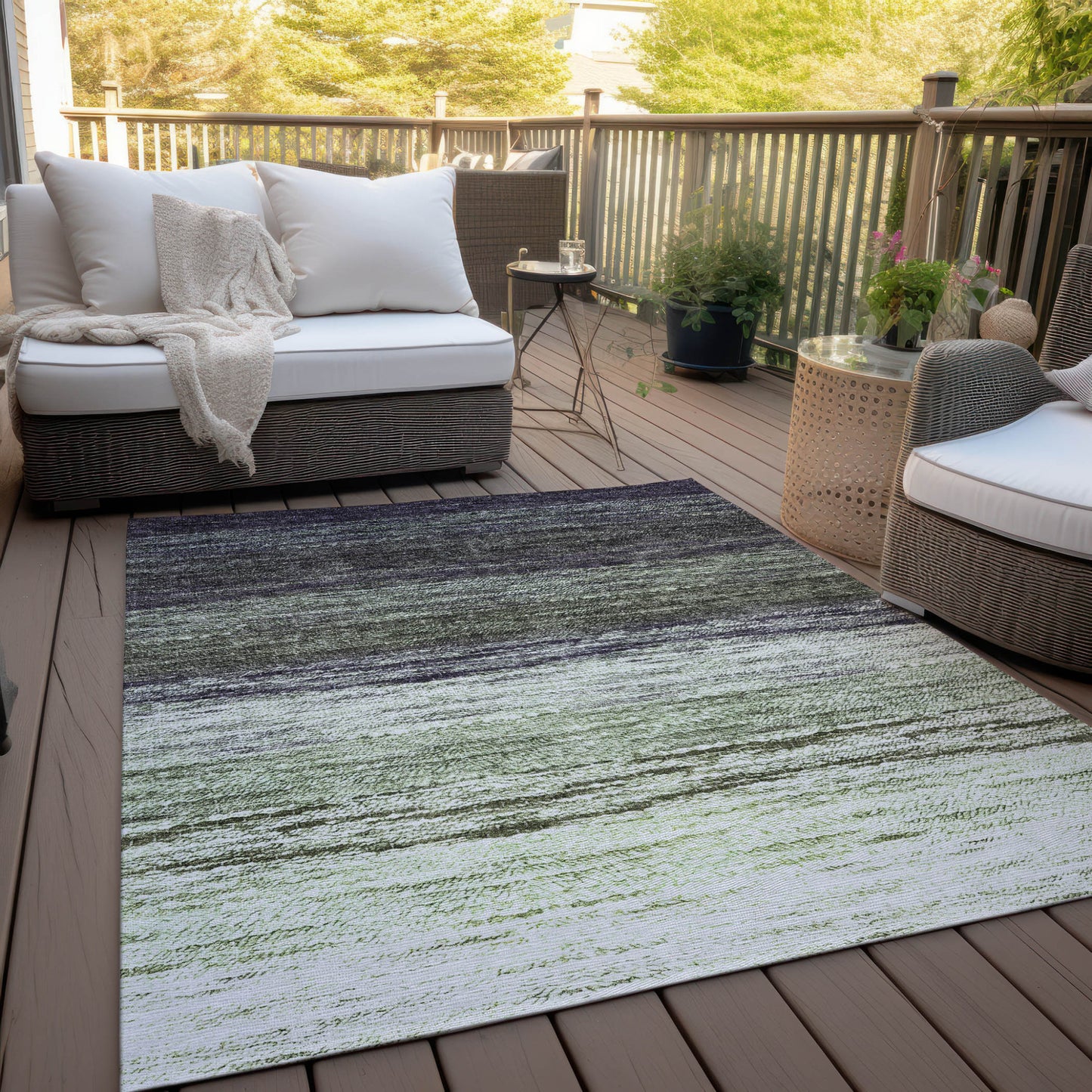 10' X 14' Green Ivory And Purple Ombre Washable Indoor Outdoor Area Rug