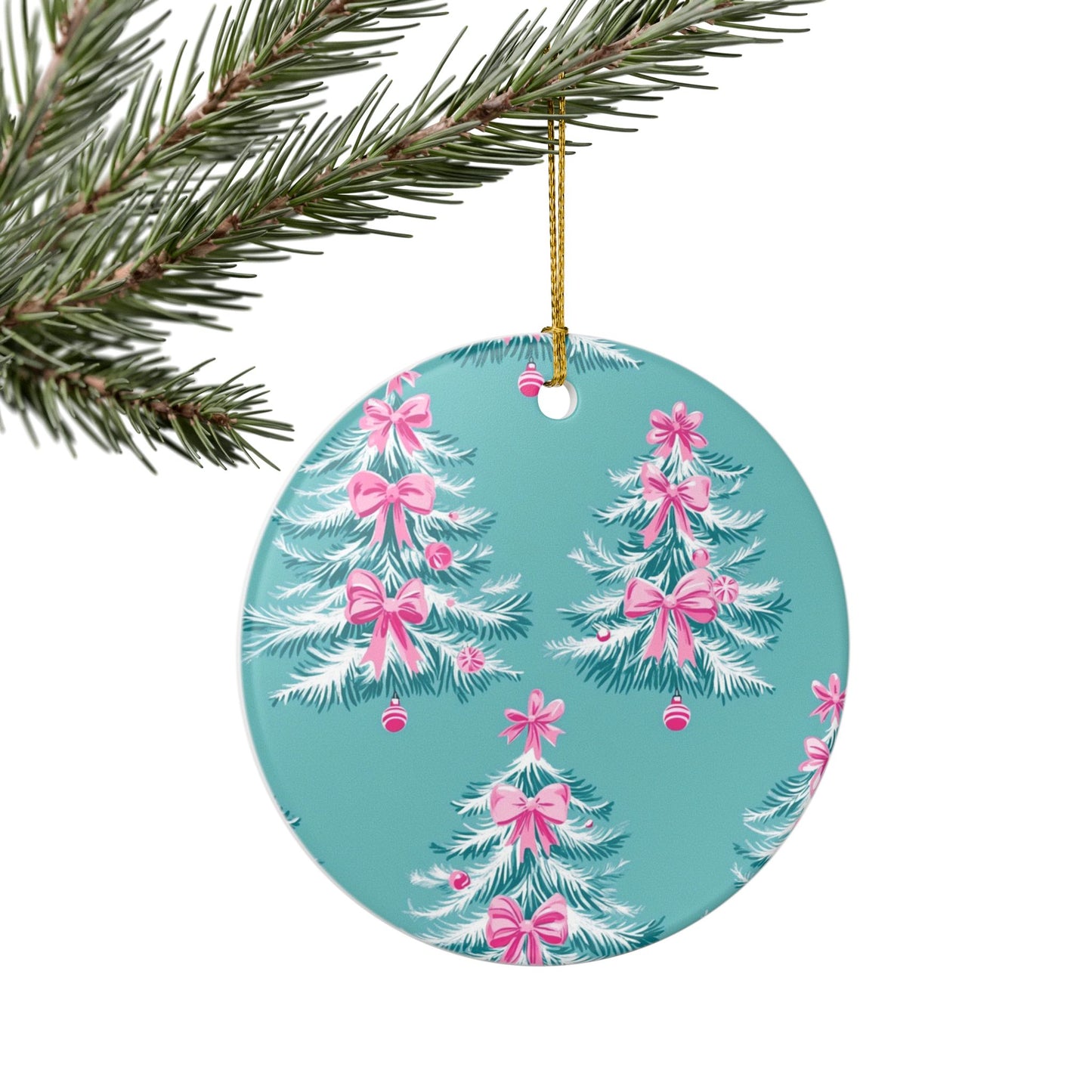 Christmas Tree Ceramic Ornament, Holiday Decoration, Festive Gift, Tree Decoration, Pink Bow Ornament, Seasonal Decor