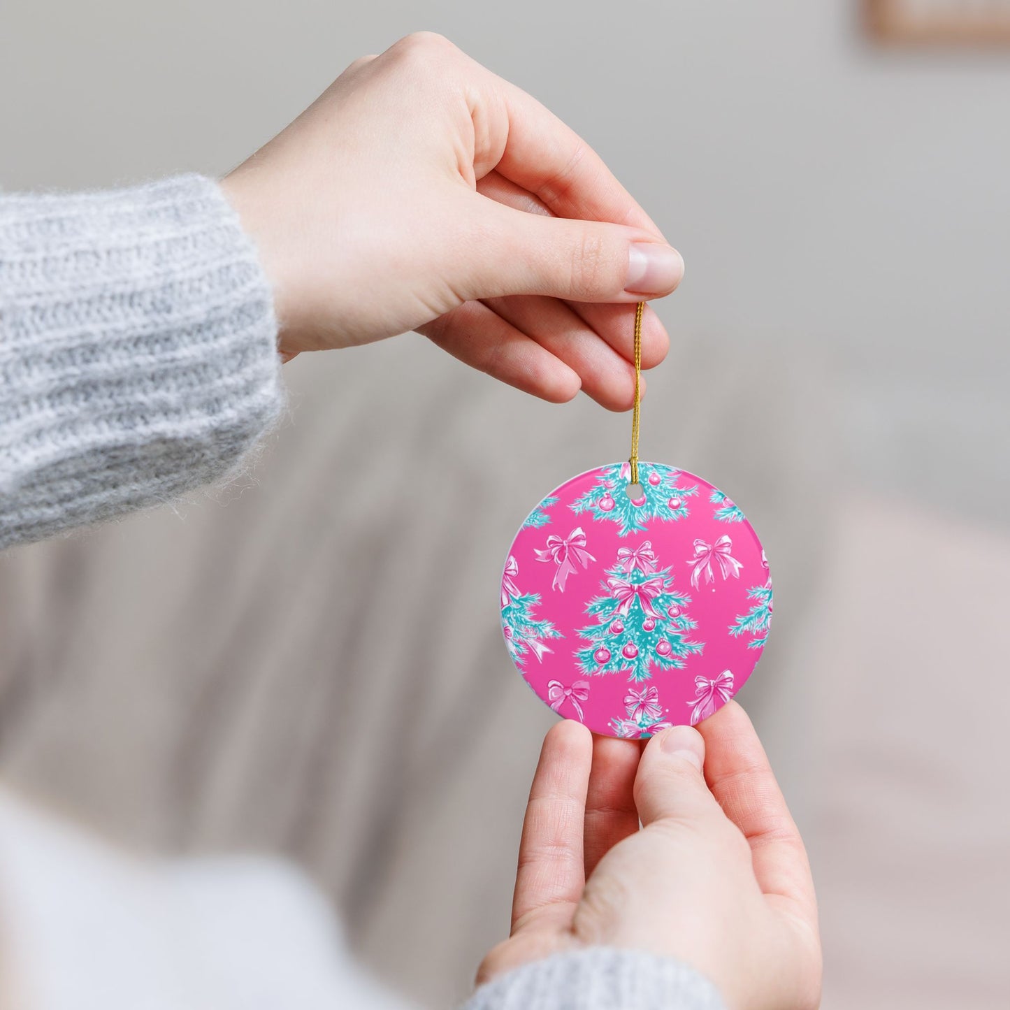 Festive Ceramic Ornament, Christmas Tree Decoration, Holiday Decor, Gift for Her, Pink Christmas Ornament