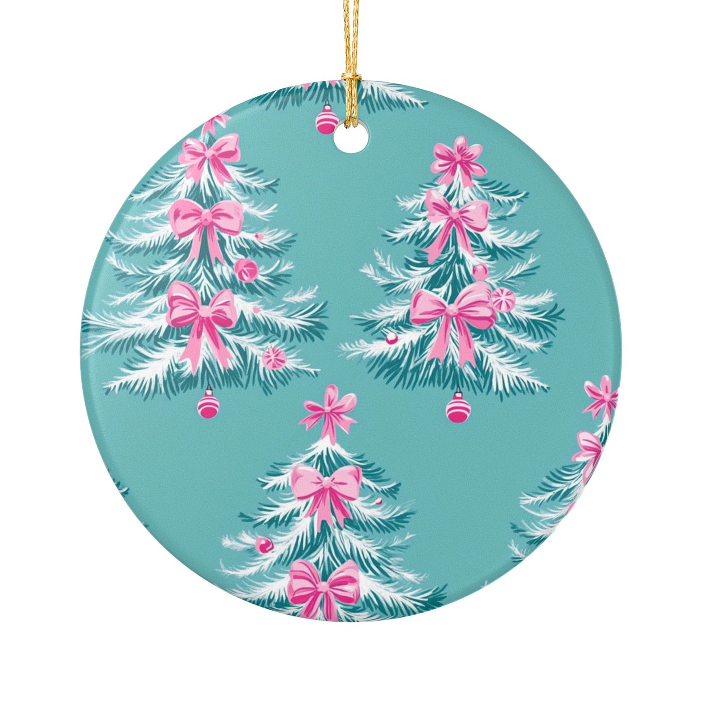 Christmas Tree Ceramic Ornament, Holiday Decoration, Festive Gift, Tree Decoration, Pink Bow Ornament, Seasonal Decor