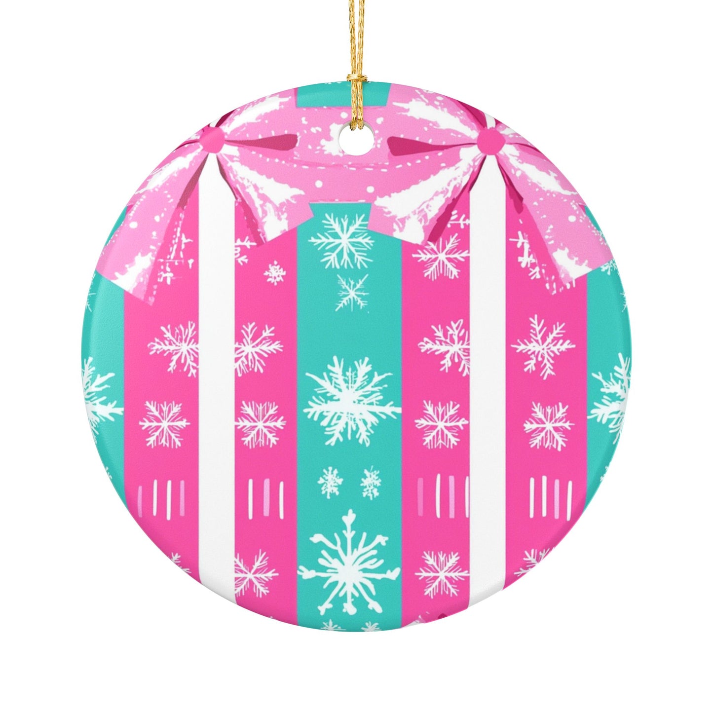 Festive Ceramic Ornament with Snowflakes and Bow, Holiday Decoration, Christmas Tree Ornament, Gift for Friends, Seasonal Decor