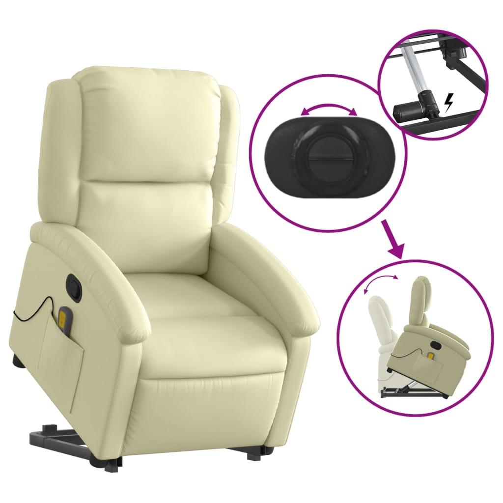 vidaXL Stand up Massage Recliner Chair Cream Real Leather
