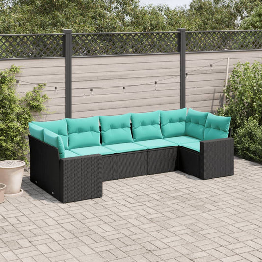 vidaXL 7 Piece Patio Sofa Set with Cushions Black Poly Rattan